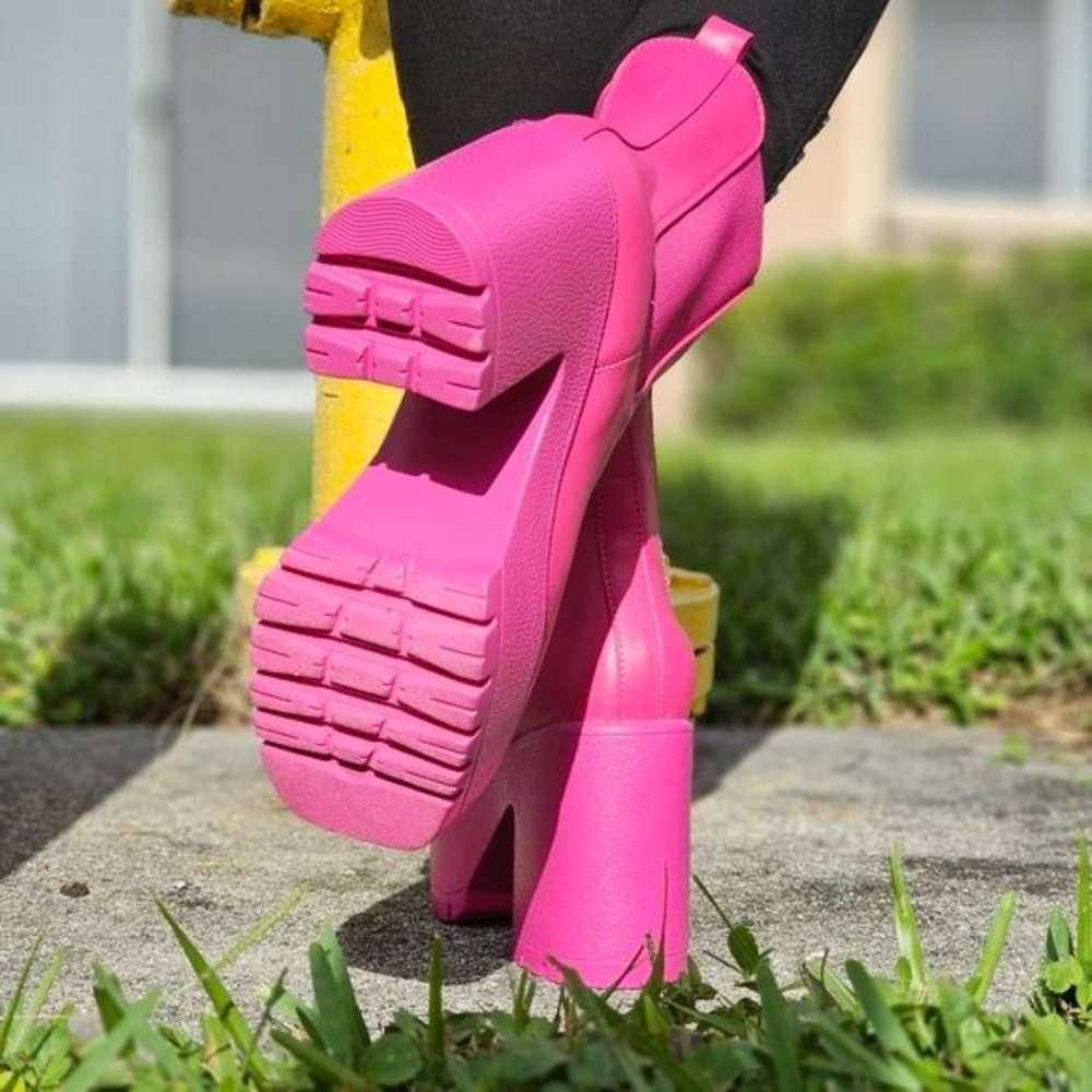 Women's Platform Heel Boots Chunky Ankle Pink Color - Picture 7 of 7